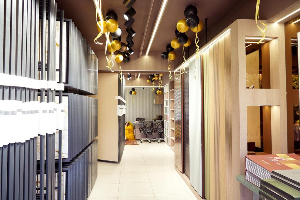 Showroom decorated with balloons and product displays