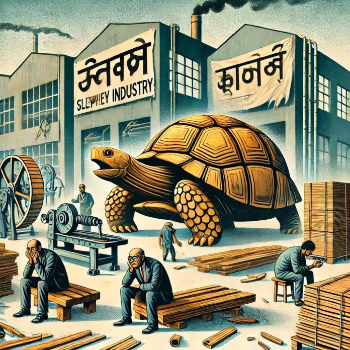 slow industry, wood sector India, plywood factory, laminate market slowdown, turtle in factory, business stagnation, symbolic industrial decline