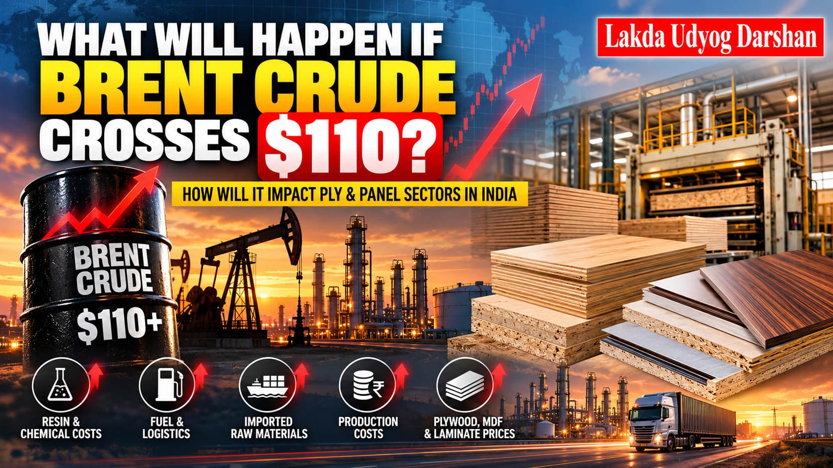 Brent crude oil crossing $110 per barrel and its potential impact on India's plywood, MDF and decorative laminate industry, highlighting rising resin, chemical, fuel, logistics and manufacturing costs. Lakda Udyog Darshan Trade Intelligence analysis.