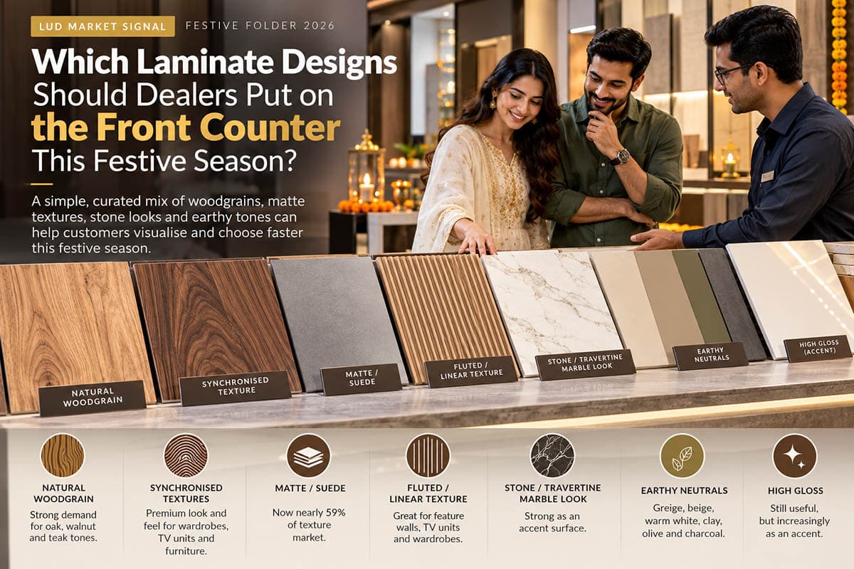 Indian laminate showroom dealer helping customers select festive 2026 laminate designs featuring natural woodgrain, matte, suede, fluted and marble-look finishes.