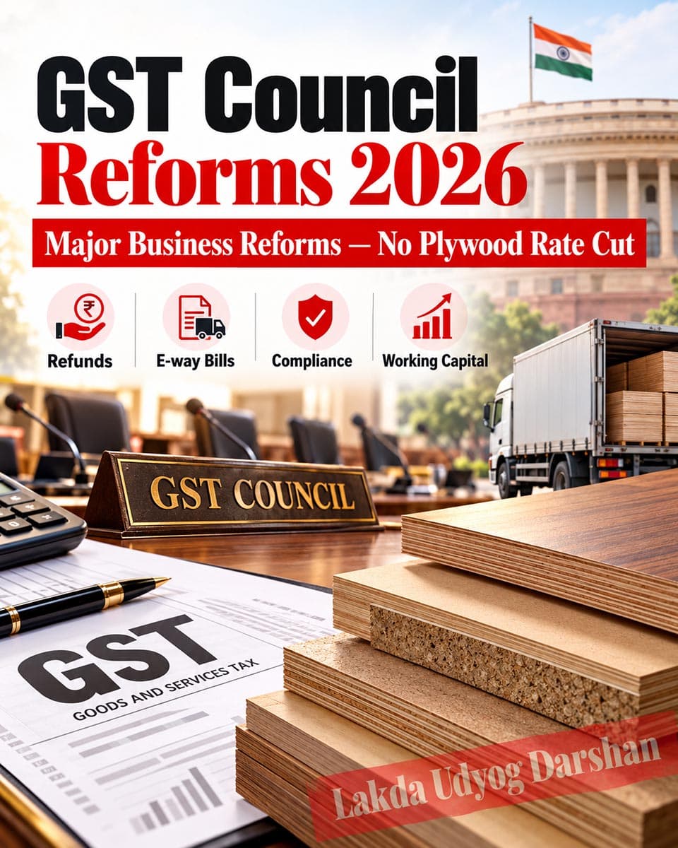 GST Council Reforms 2026 graphic showing plywood and panel trade impact, including refunds, e-way bills, compliance, working capital and no plywood rate cut.
