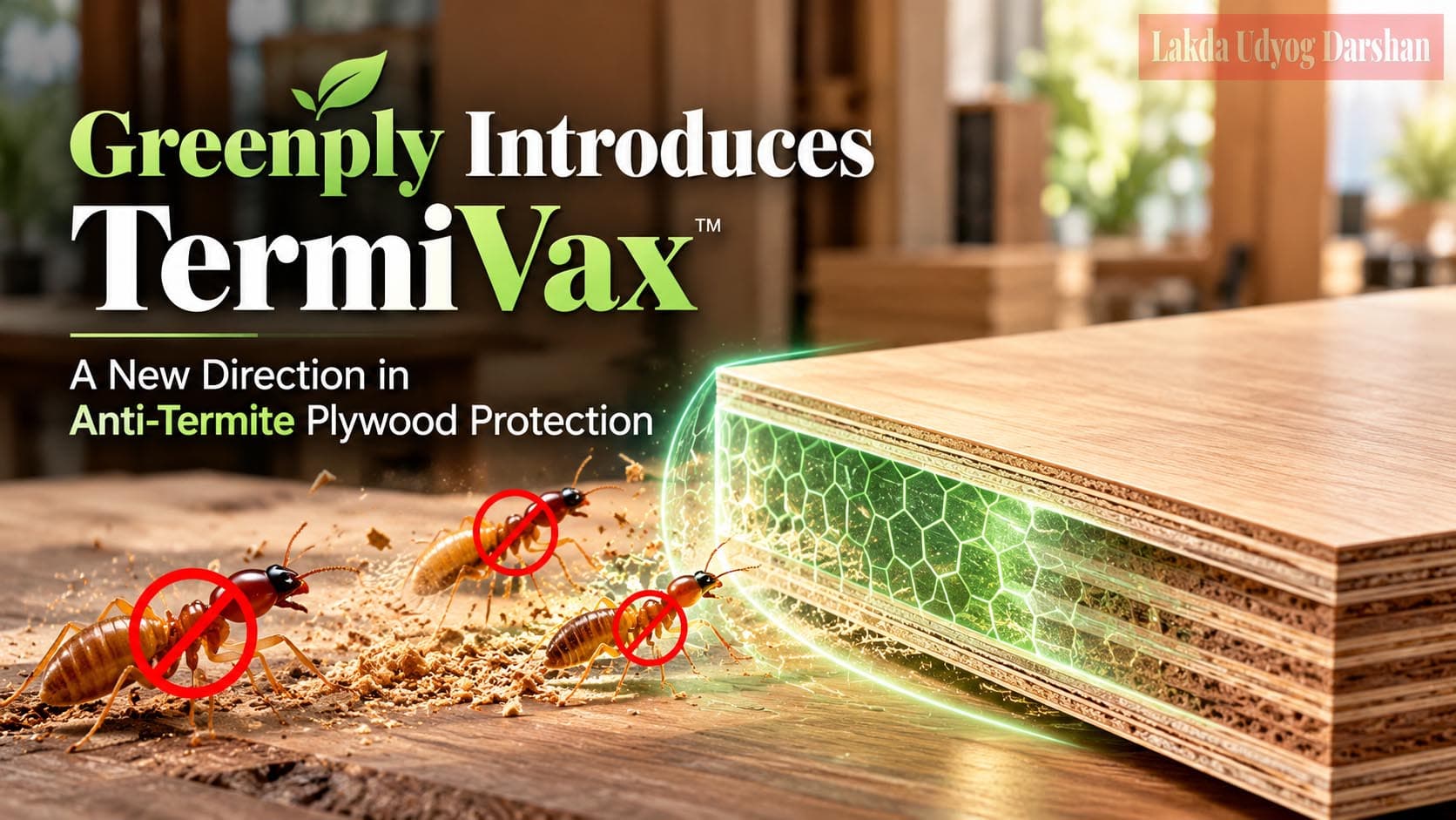 Greenply TermiVax anti-termite plywood technology showing layered plywood with built-in termite protection, featured by Lakda Udyog Darshan.
