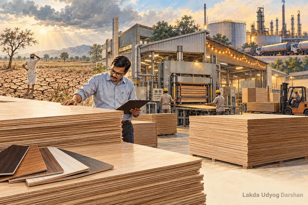 llustration of an Indian plywood factory with stacked sheets and a manager inspecting production, alongside dry farmland and an oil refinery, with a Lakda Udyog Darshan watermark.