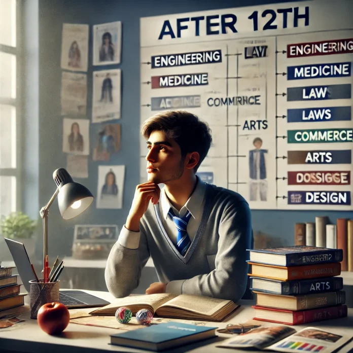 Student sitting at a study table planning career options after 12th class, with a career path chart on the wall showing fields like Engineering, Medicine, Law, Commerce, and Arts.