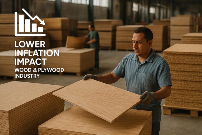Worker handling plywood in an Indian woodworking factory with inflation-related growth context in 2025