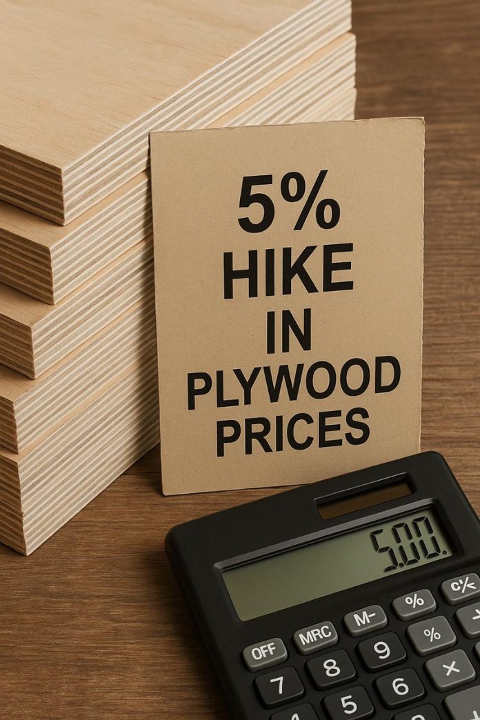 Stack of plywood sheets with a calculator and a sign showing 5% hike in plywood prices