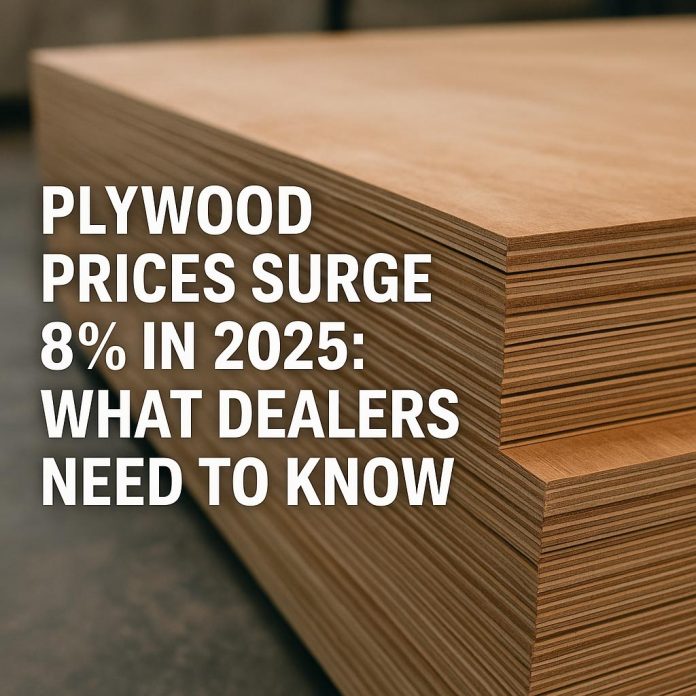 Stack of plywood sheets with text overlay about 8% price surge in 2025