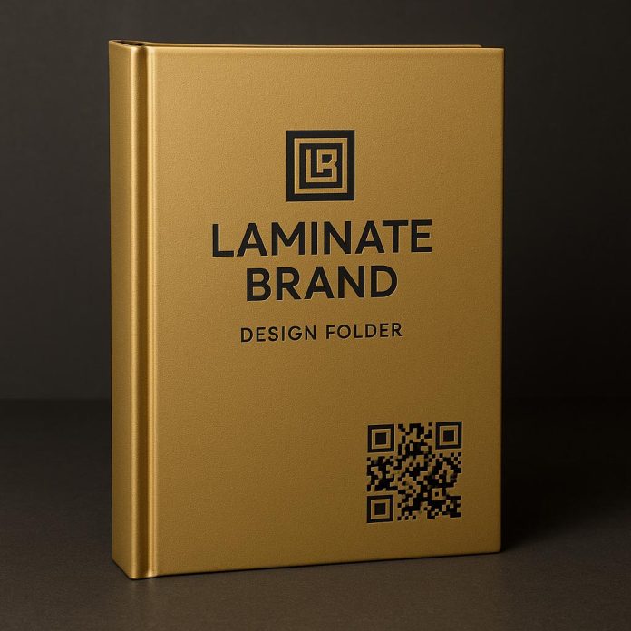 Gold hardbound laminate design folder labeled “Laminate Brand” featuring a black QR code for digital catalog access